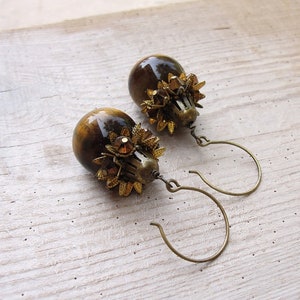 Tigers Eye Earrings - Stone, Crystal and Brass