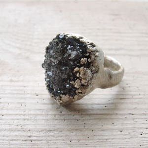 Electroformed Druzy Quartz Ring Hand formed Fine Silver Statement jewelry image 1