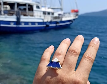 Blue Beach Pottery Ring Sea Tumbled Pottery Delft Blue, Brass Ring Size 6