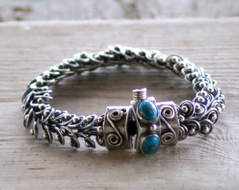 Chainmaille Bracelet, Sterling Silver Hand Braided Bracelet with Turquoise Stone, Woven Sterling Silver jewelry