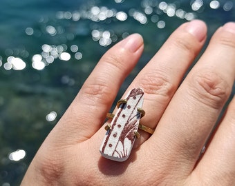 Statement Beach Pottery Ring Sea Tumbled Pottery Brown Pottery, Brass Ring Size 7