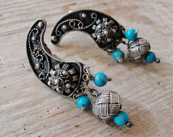 Sterling Silver Filigree Earrings Hand knotted Kazaziye woven Fine Silver Oxidized Turquoise Stone