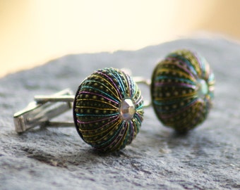 Sea Urchin Cufflinks, Sterling Silver, Green, Rainbow, Sea lover, Sailor, Captain Cuff links