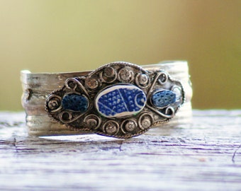 Myths and Legends Cuff Vintage Bracelet Beach Tile Blue Coral Delft Blue Pottery