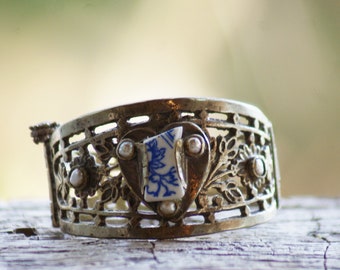 Ornate Pearl Cuff Vintage Bracelet Beach Tile and Pearls Delft Blue Pottery