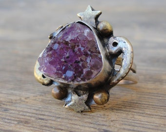 Druzy Amethyst Ring Hand formed Sterling Silver and Bronze Statement jewelry