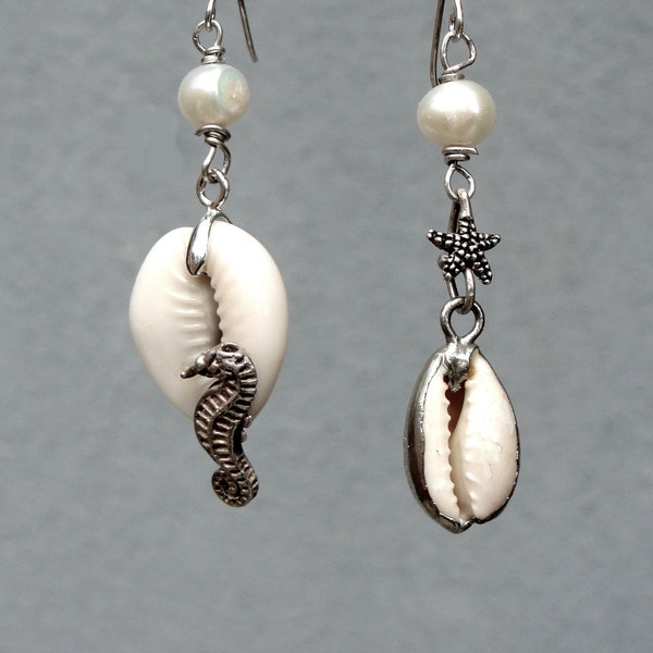 Asymmetrical Cowry Shell Pearl Earrings, Sterling Silver Mermaid, Starfish, Seahorse Jewelry with Pearls