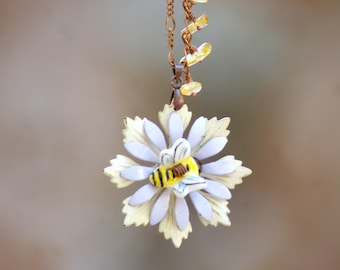 The Queen Bee Necklace- Vintage Enamel Flower, Honey Quartz and Ceramic Bee