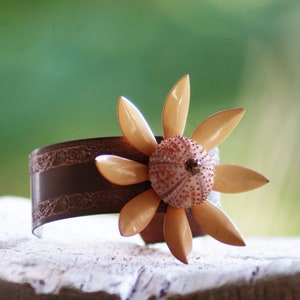 Salmon Sea Urchin Cuff Enamel Vintage Flower Bracelet Statement Jewelry image 1
