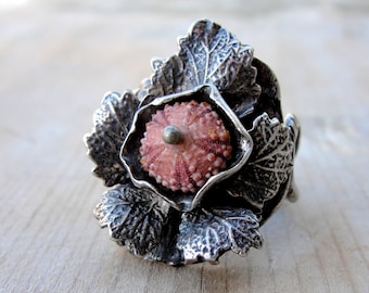Sea Urchin Ring, Sterling Silver Pink Floral One of a Kind size 7