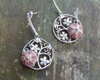 Pink Floral Sea Urchin Earrings - Sterling Silver Statement earrings, One of a Kind Flower earrings