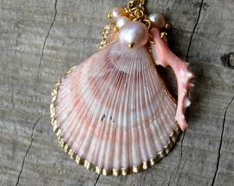 Electroformed Seashell Necklace with Coral and Pearls, Gold and Pink Mermaid Necklace