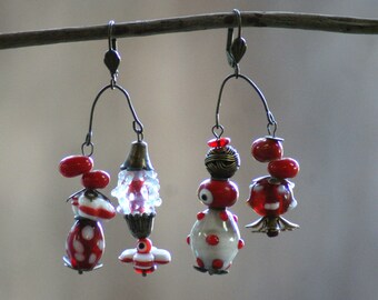 Balancing Red Earrings, Asymmetric Earrings