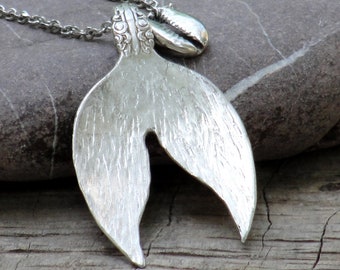 Mermaids Tail Necklace Beach Jewel, Vintage Silverware Cutlery , Cowry Shell Sterling Silver