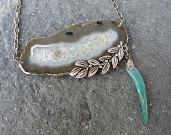 Mint Geode Agate Necklace Soldered Stone Silver plated leaves