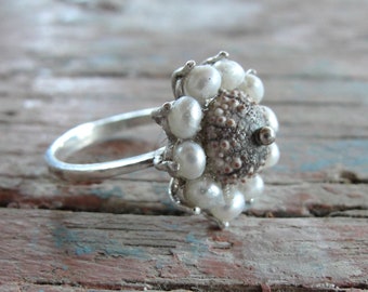 Pearl Flower Ring, Sterling Silver Ring, Brown Flower Sea Urchin Ring, Dainty Ring, Size 8