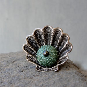 Mermaid Sea urchin Ring Seashell Sea Urchin Seafoam green with Pearl, Nautical Beach Ring