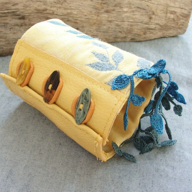 Embroidered and Crocheted Textile Cuff with Leather and Vintage Buttons Yellow and Blue image 5