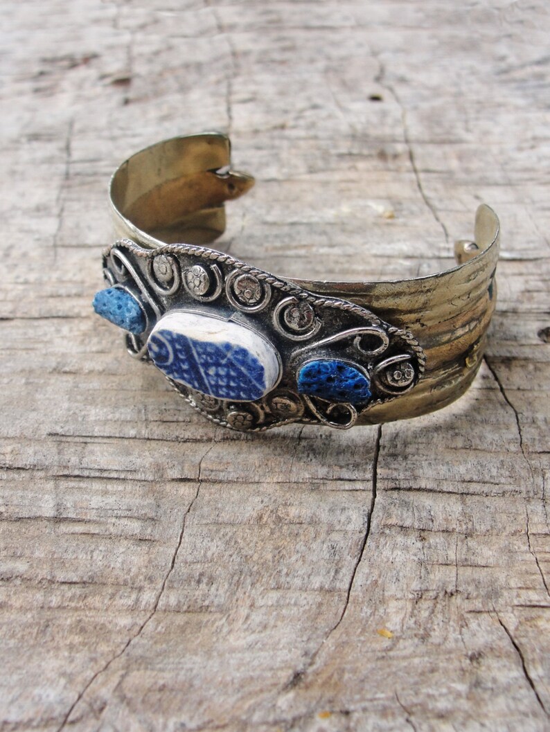 Myths and Legends Cuff Vintage Bracelet Beach Tile Blue Coral Delft Blue Pottery image 3