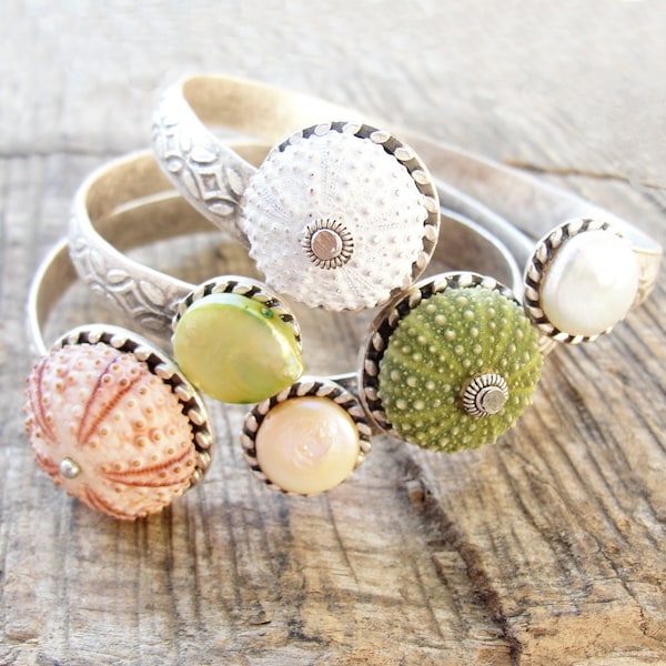 Sea Urchin Collection - Elegant Sea Urchin and Pearl Cuff - Pick Your Color - Pink Green White