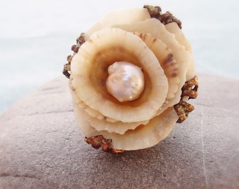 Shell and Pearl Rose Ring - Sea Treasure Collection