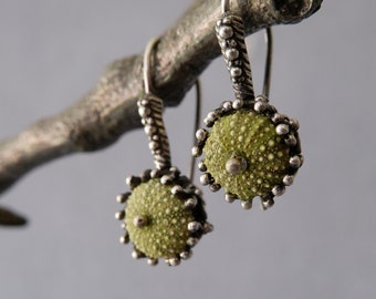 Green Sterling Silver Luxurious earrings, Sea urchin jewelry Sea anemone