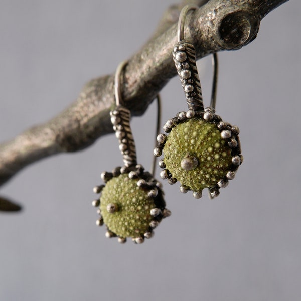 Green Sterling Silver Luxurious earrings, Sea urchin jewelry Sea anemone