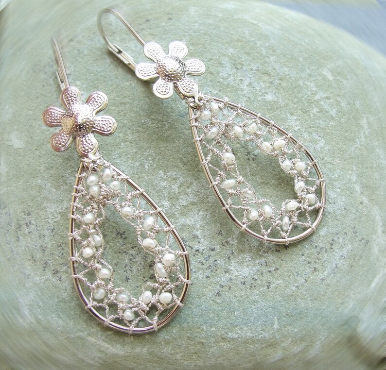 Drops of Dreams Needle Lace Earrings with Tiny Sweet Water Pearls image 5
