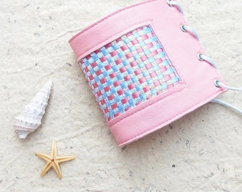 Pink Textile Cuff with Leather and Woven details