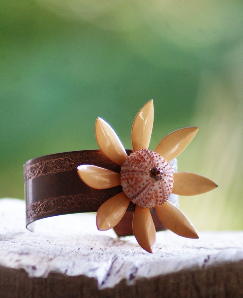 Salmon Sea Urchin Cuff Enamel Vintage Flower Bracelet Statement Jewelry image 1