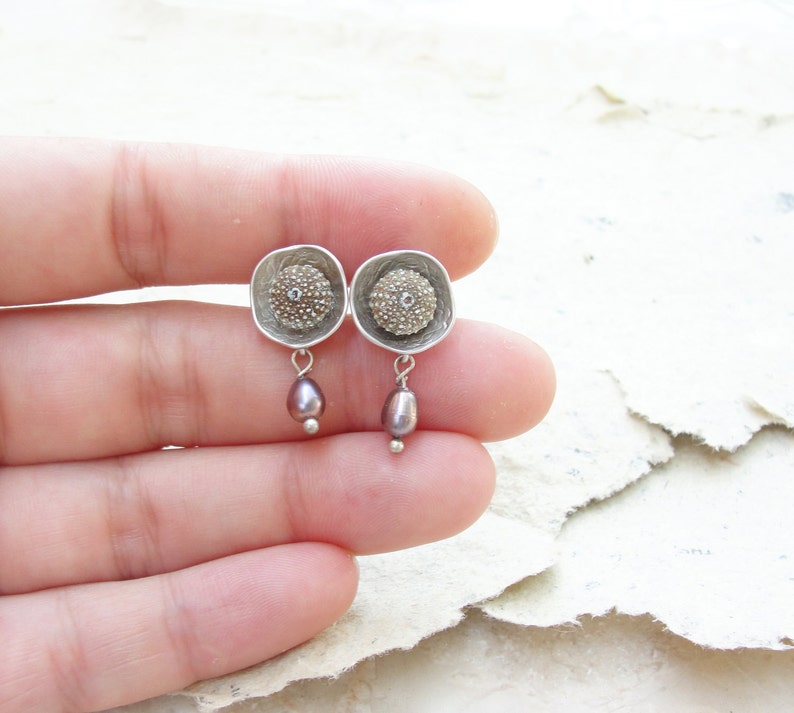 Sea Urchin Post Earrings with Pearls, Lightweight mermaid jewels image 4