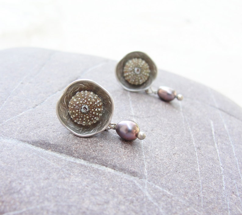 Sea Urchin Post Earrings with Pearls, Lightweight mermaid jewels image 5