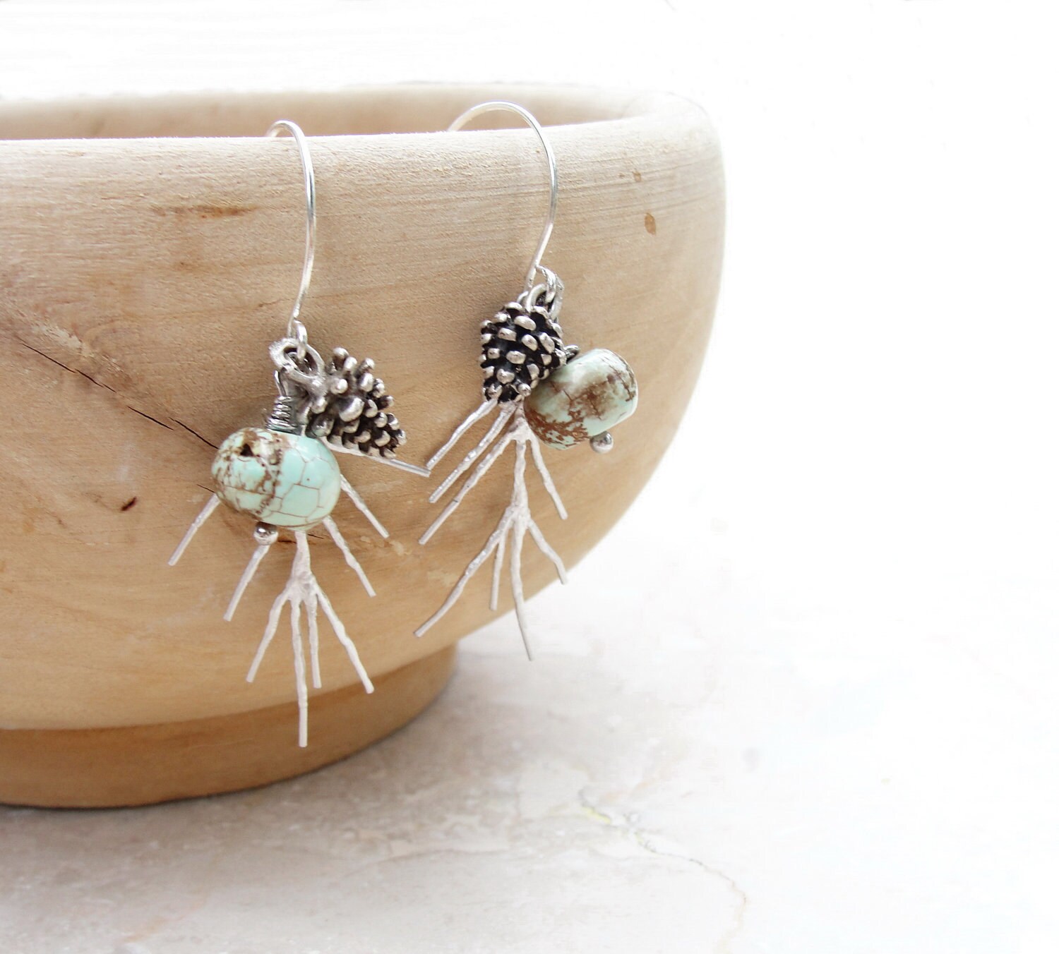 Woodland Pinecone Earrings Twig Jewelry Turquoise Stone Branch Etsy