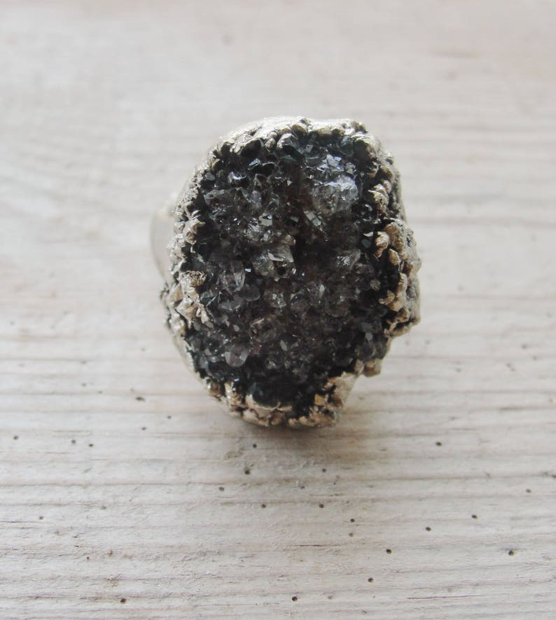 Electroformed Druzy Quartz Ring Hand formed Fine Silver Statement jewelry image 2