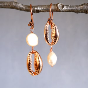 Asymmetrical Cowry Shell Earrings, Copper Plated Electroformed Cowrie Seashell Jewelry with Pearls