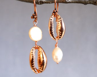 Asymmetrical Cowry Shell Earrings, Copper Plated Electroformed Cowrie Seashell Jewelry with Pearls