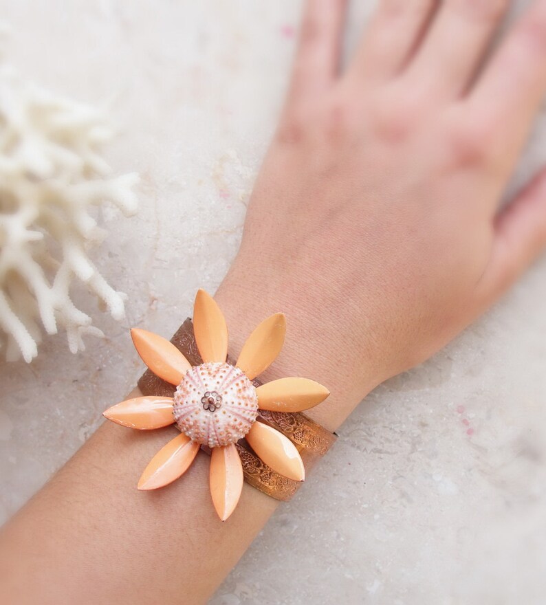 Salmon Sea Urchin Cuff Enamel Vintage Flower Bracelet Statement Jewelry image 3