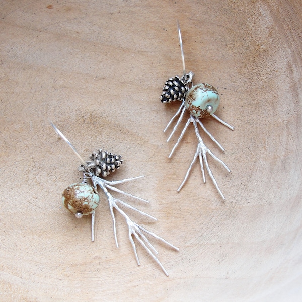 Woodland Pinecone Earrings Twig Jewelry Turquoise Stone Branch