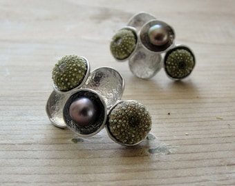 Sea Urchin Cluster Earrings with Pearls, Lightweight Statemet mermaid jewels One of  a Kind Sterling Silver