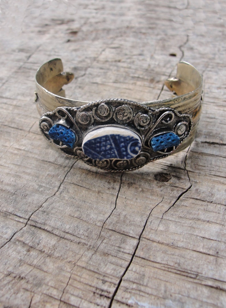 Myths and Legends Cuff Vintage Bracelet Beach Tile Blue Coral Delft Blue Pottery image 2
