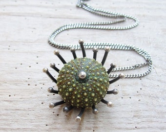 Green Sea Urchin Sterling Silver Necklace Sea Anemone