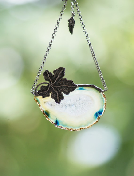 Green Agate Necklace Geode Soldered Stone Silver Plated Leaves
