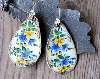 Happy Flower Earrings, Vintage Tin Earrings, Statement Earrings, Soldered Blue and Yellow Leaves and Flowers, Sterling Silver