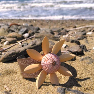 Salmon Sea Urchin Cuff Enamel Vintage Flower Bracelet Statement Jewelry image 4