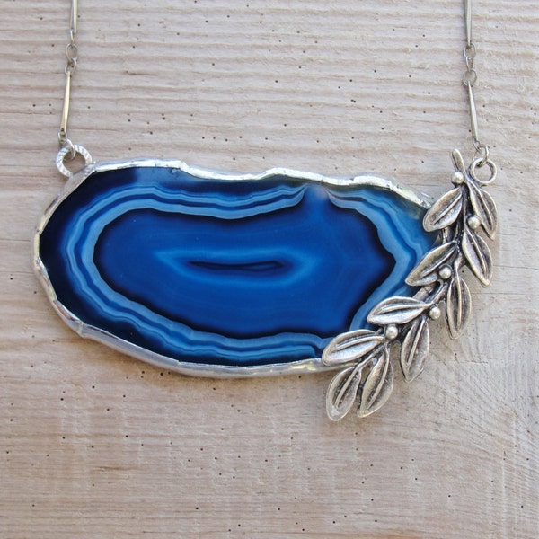Cobalt Blue Agate Necklace Geode Soldered Stone Silver plated leaves