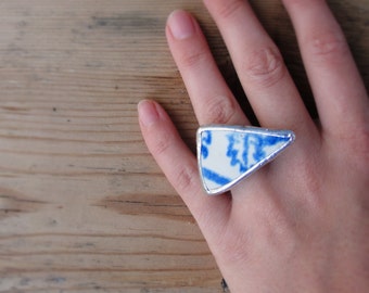 Blue Beach Pottery Ring Sea Tumbled Pottery Geometric Triangle