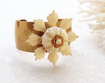Sputnik Sea Urchin Cuff Enamel Vintage Flower Bracelet