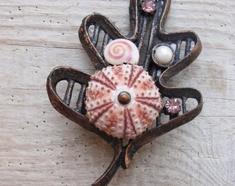 Pink Sea Urchin Brooch Pearl and Seashell Leaf Pin