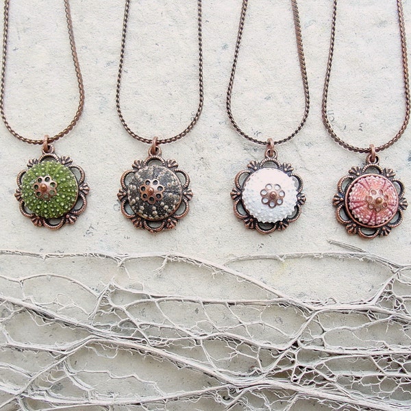 Sea Urchin Necklace - Copper Vintage style - Brown Green Pink White- Pick your Color