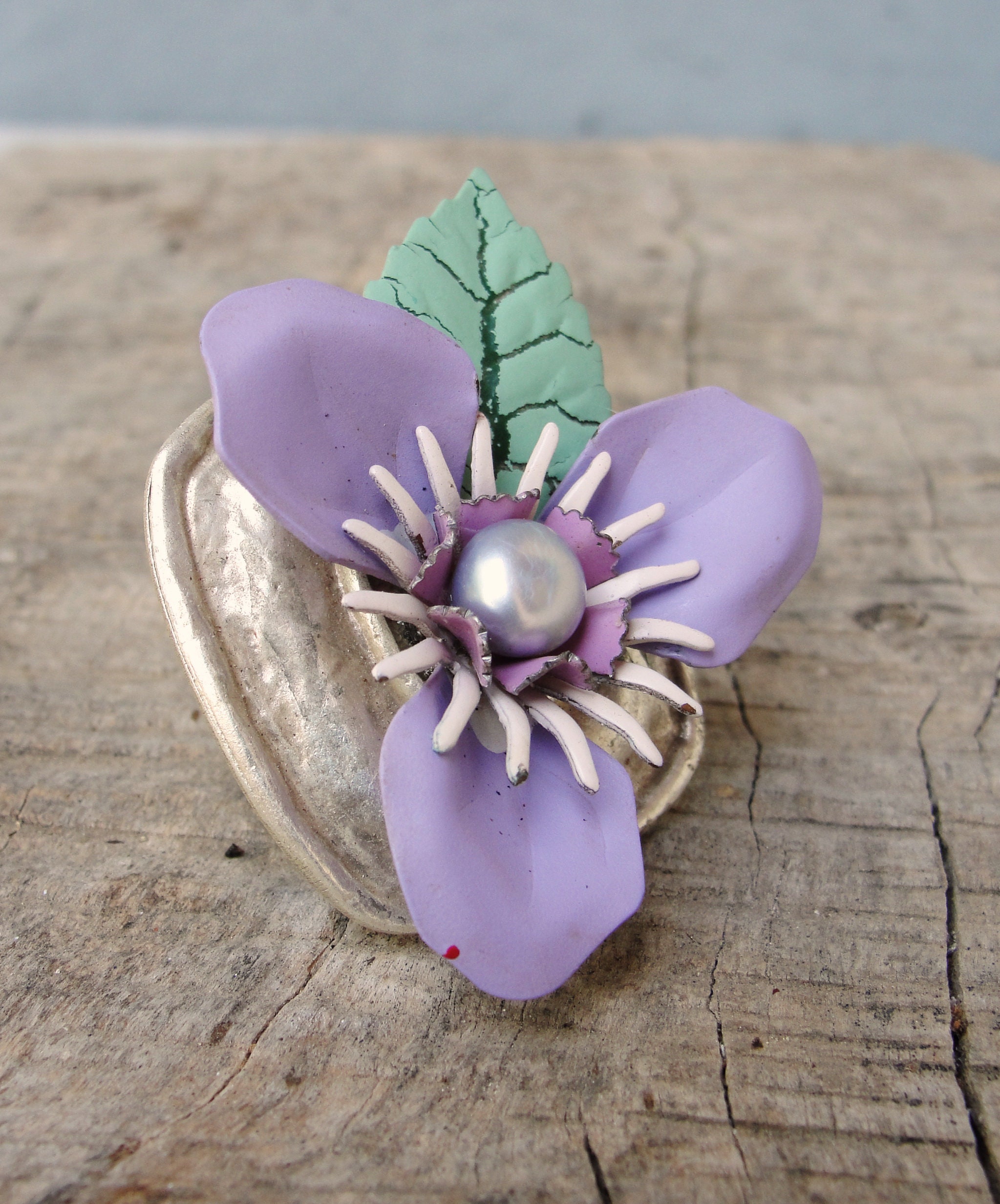 Lotus Flower Ring Vintage Enamel Flowers and Leaf Statement - Etsy